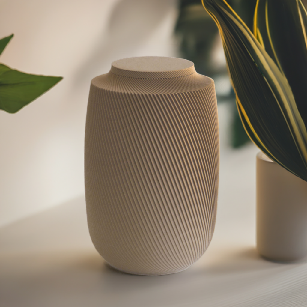Aspen cremation urn in Mocha with modern sculpted texture, displayed on a white surface with soft greenery.