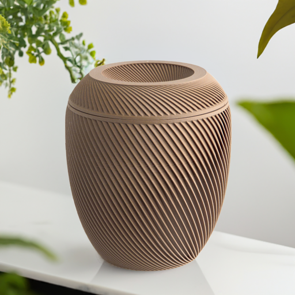 Laurel cremation urn in Mocha with modern sculpted texture, displayed on a white surface.